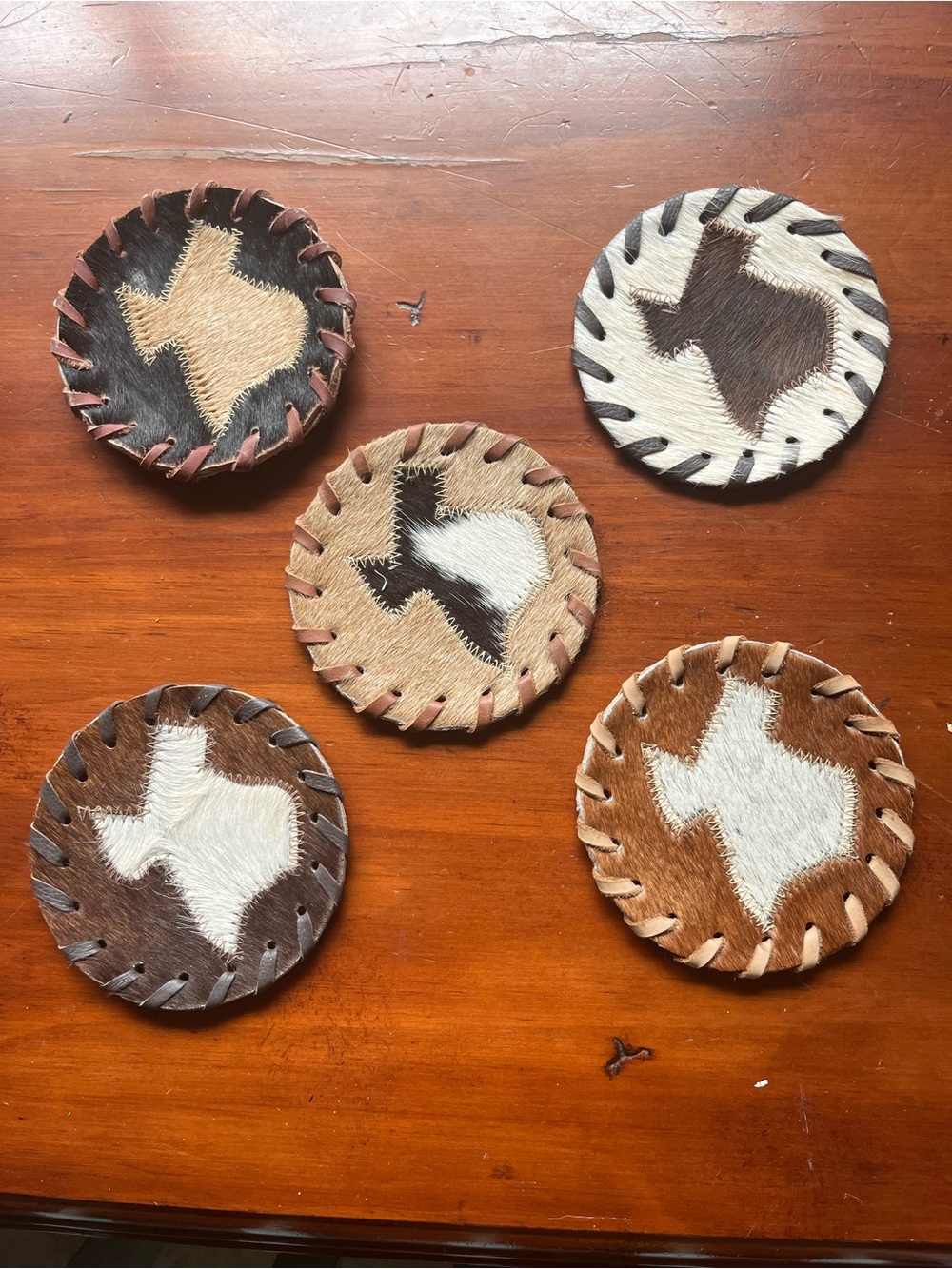Set of 5 Texas Shape Cowhide Leather Coasters - Natural Tones